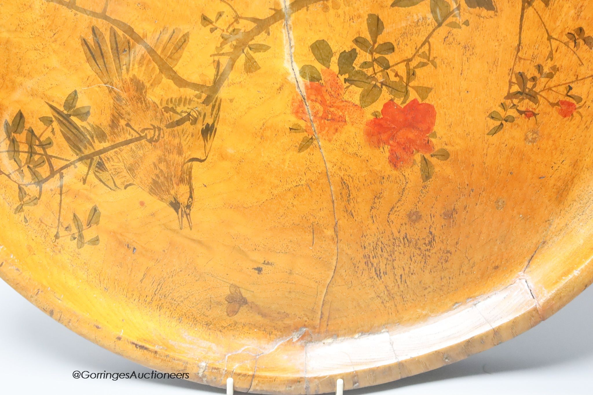 A large Japanese elm charger, painted with songbirds and flowers in the Japanese taste, diameter 51cm